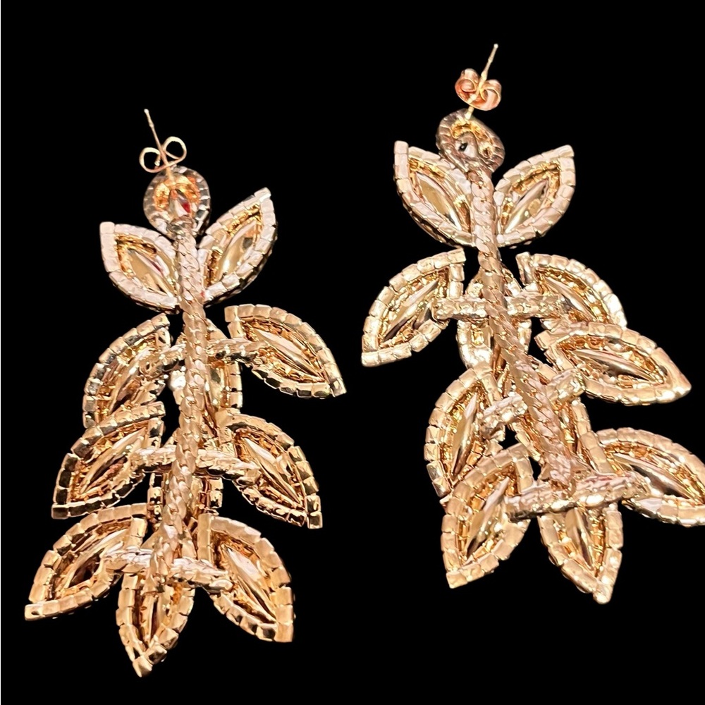 Pink rose gold drop leaf dangle earrings with rhinestone accents - Picture 3 of 4